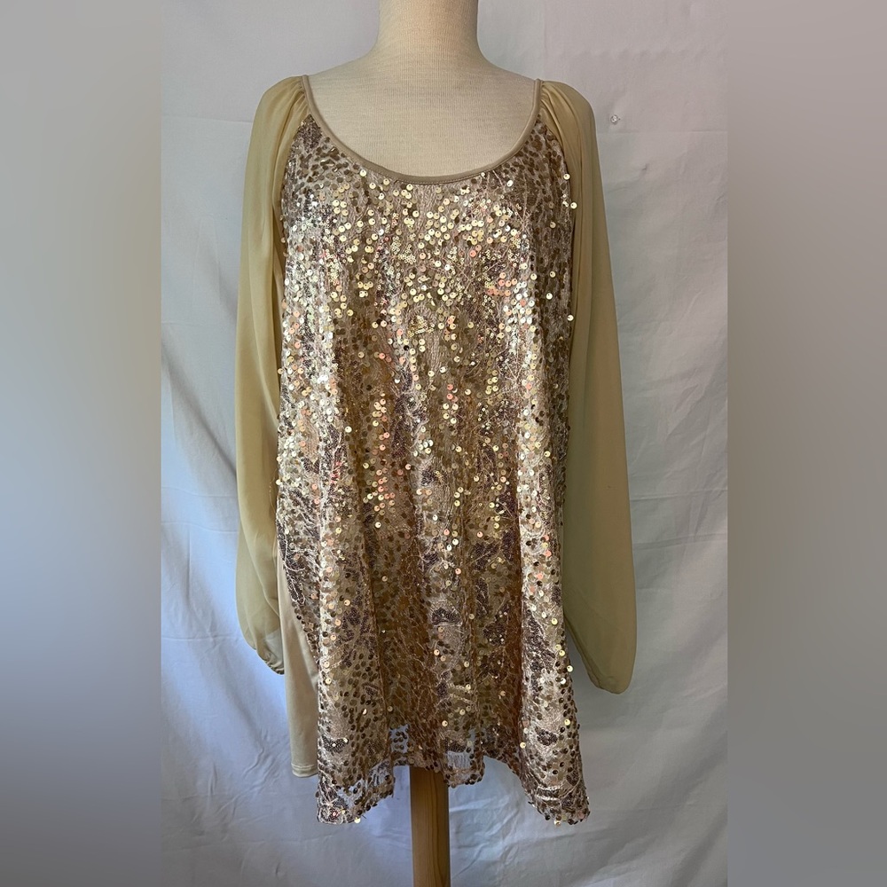 American Glamour Gold Sequin Front Blouse with Sheer Sleeves